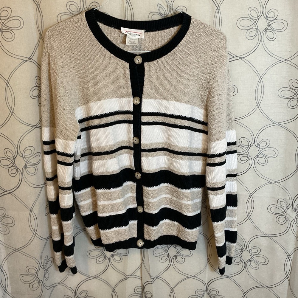 Talbots Cream Navy White Striped Buttoned‎ Up Long Sleeve Sweater Size Large